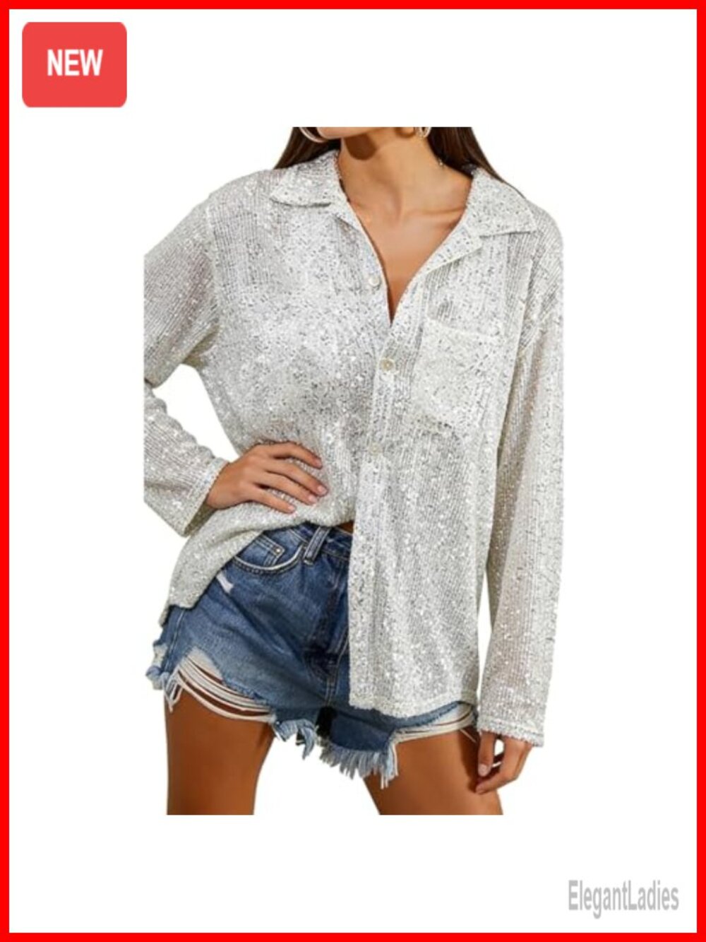 Sequin Button Down Shirt Long Sleeve Glitter Blouse Sparkle Top with Pocket